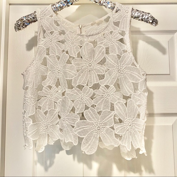 Tea n Cup Tops - Tea & Cup White Floral Lace Crop Top